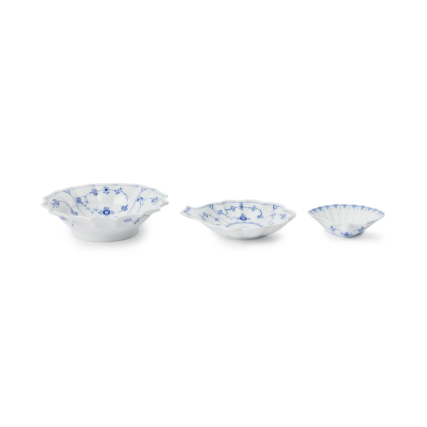 Kgl. Porcelæn Musselmalet Riflet serveringssæt 17,5/15,5/10,5 cm 3 stk